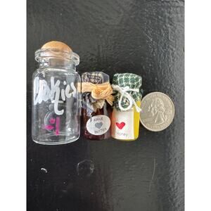 Vintage Miniature Glass & Fabric apple butter & Jelly Jars Dollhouse Toy